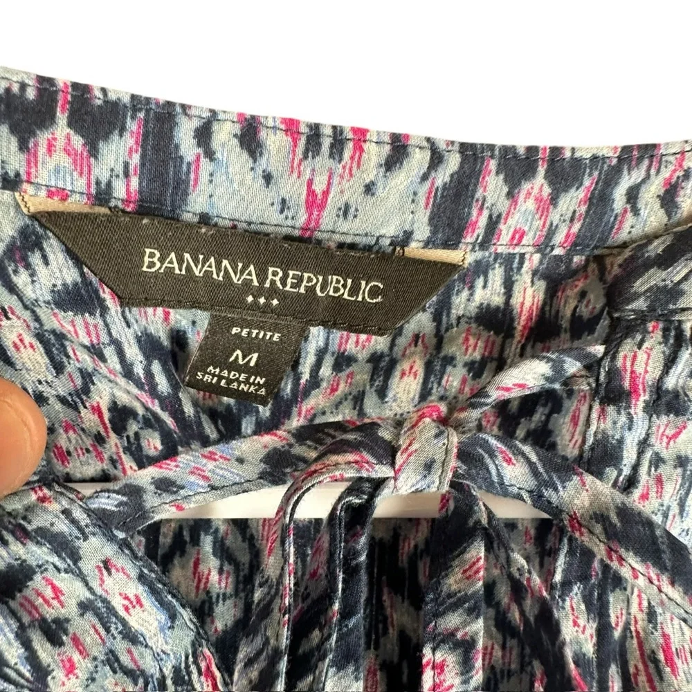 Banana Republic Navy Blue Ikat Print Tie-Neck Blouse with Pink Accents